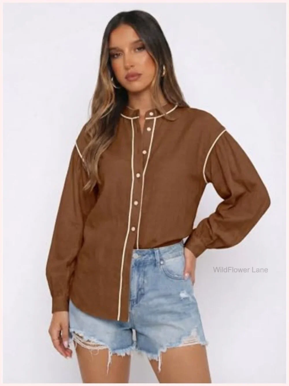 Women's Button Down Shirt Long Sleeve Casual Blouse Top - Picture 6 of 7